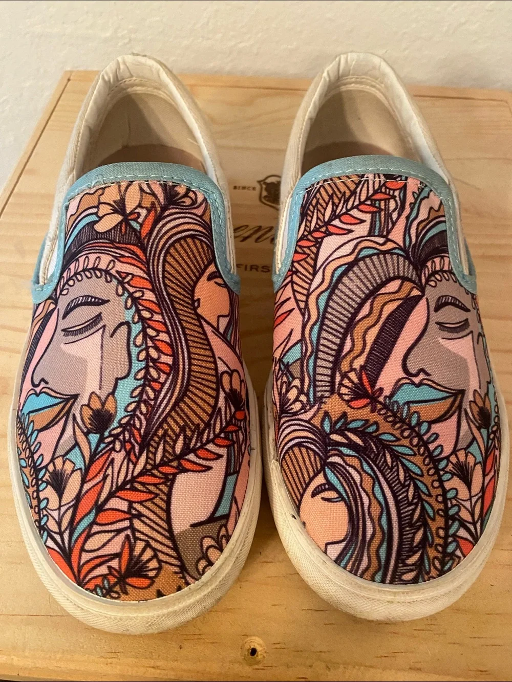 Slip-On Canvas Shoes with Pink & Teal Abstract Floral Print / Feminine Face